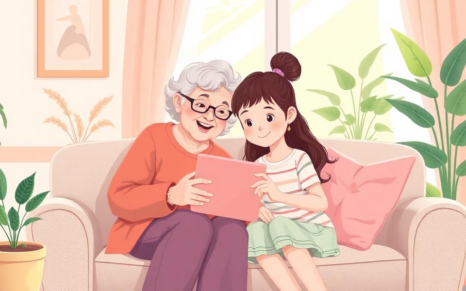 Grandmother and granddaughter learning to use a tablet together on a cozy couch.