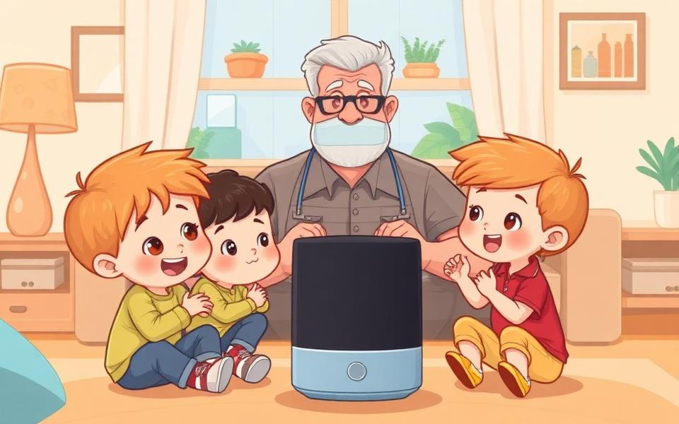 Kids helping grandfather set up a smart speaker in the living room.