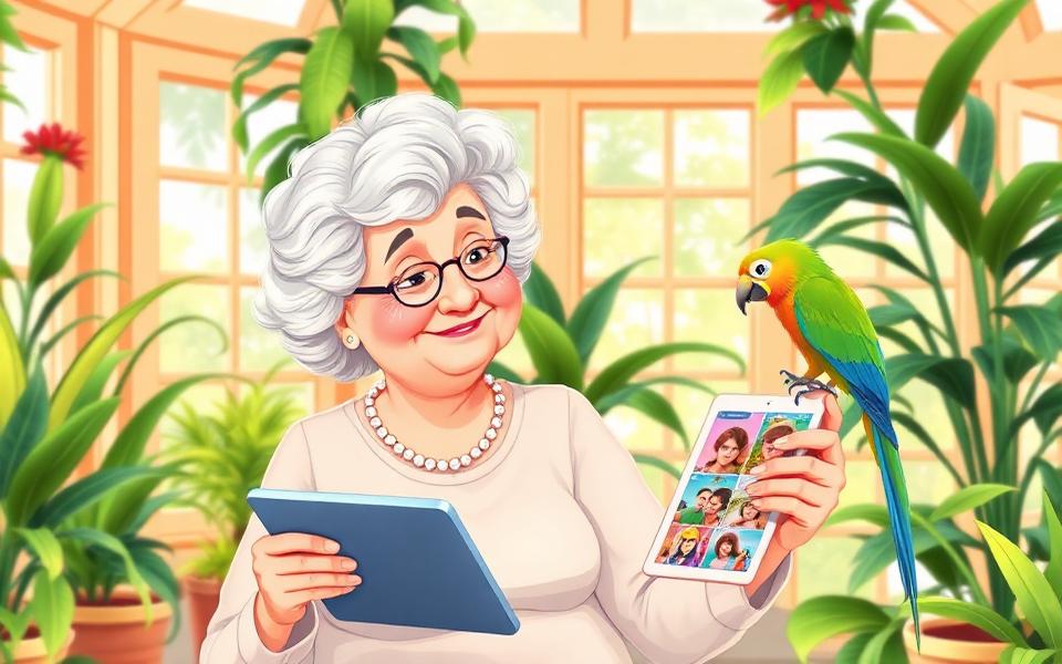 Grandma and her parrot exploring family photos on a tablet.