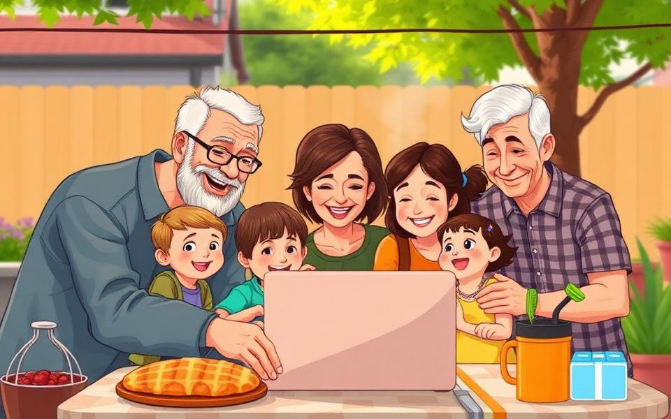 Multi-generational family gathered around a laptop at a backyard cookout.