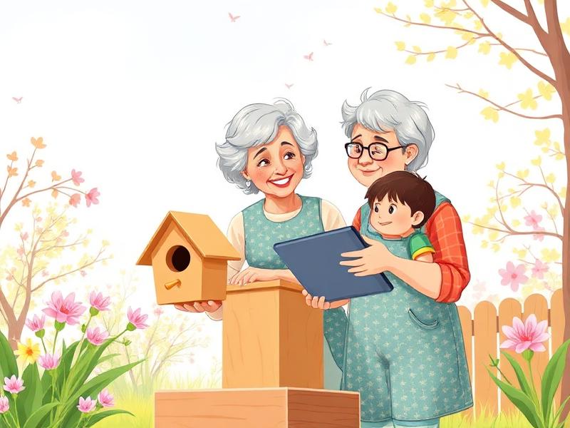 Grandparents and grandson building a birdhouse together on a sunny spring day.