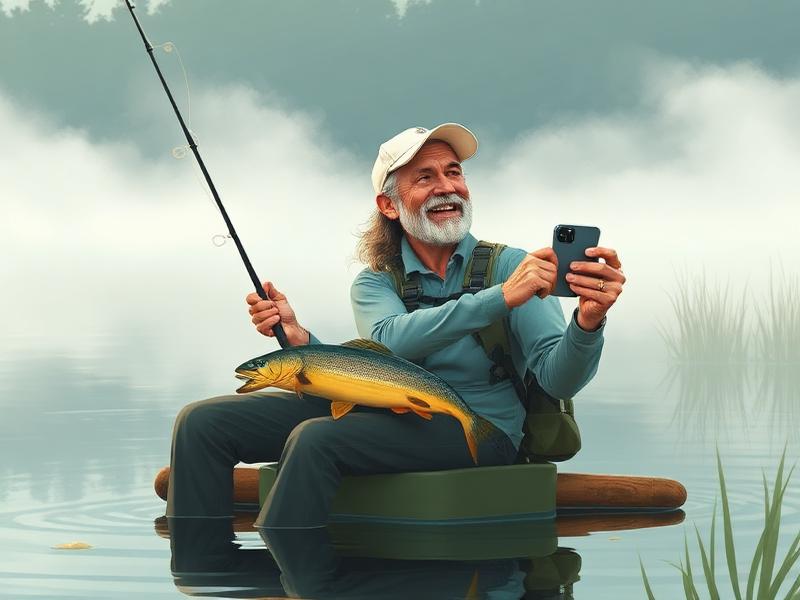 Grandfather fishing at a peaceful misty lake, taking photos of his catch.