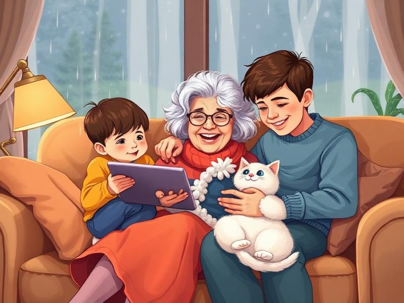Grandmother and grandchildren cuddled on a sofa with a white cat, watching videos on a tablet.