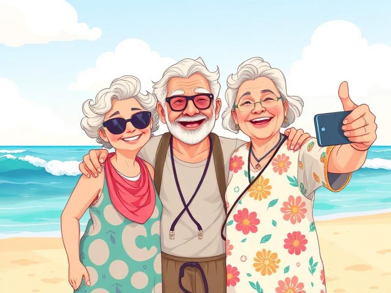Grandparents at the beach taking a cheerful selfie with the ocean waves.