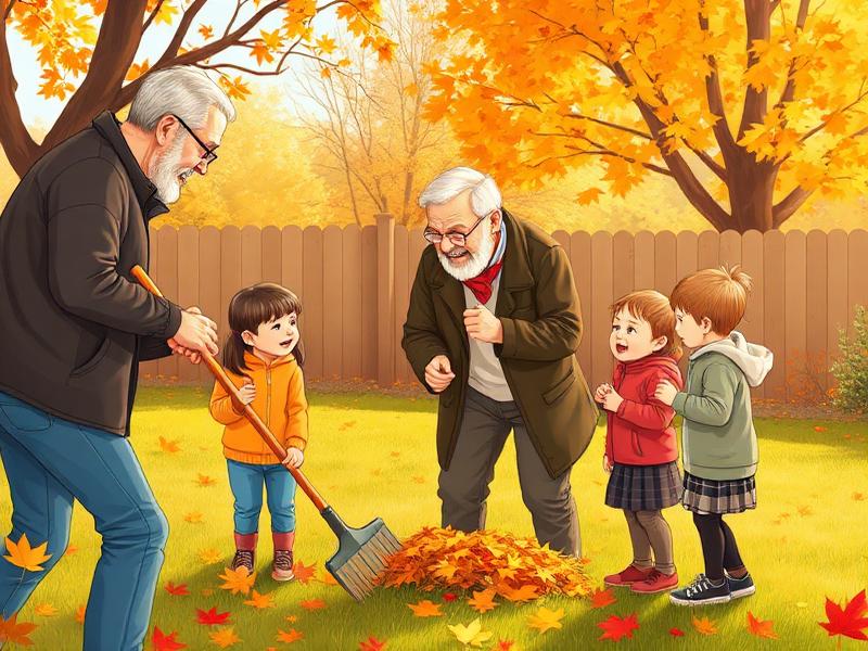 Grandfather and grandchildren playing in autumn leaves in the backyard.