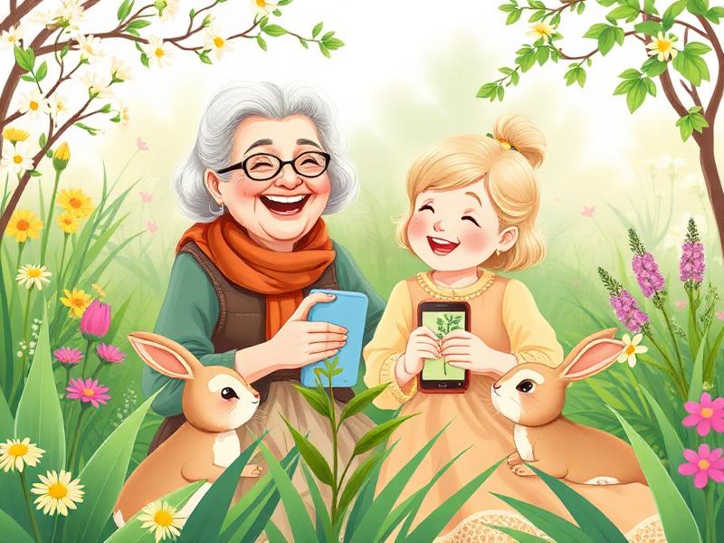 Grandmother and granddaughter in a spring garden with friendly rabbits, using a plant app.