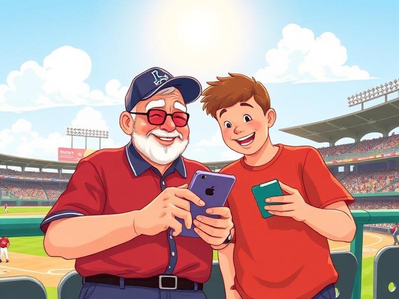 Grandfather and grandson at a baseball game, checking stats on a phone.