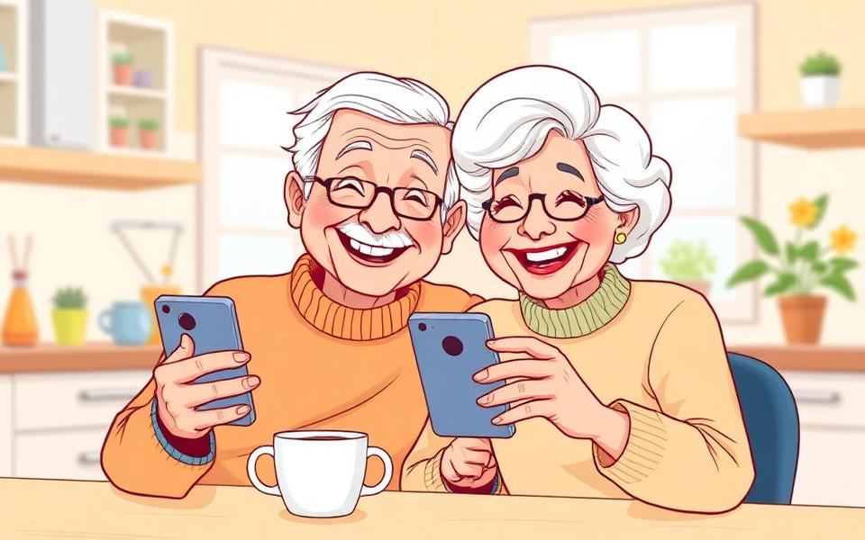 A joyful senior couple laughing while using their smartphones in the kitchen.