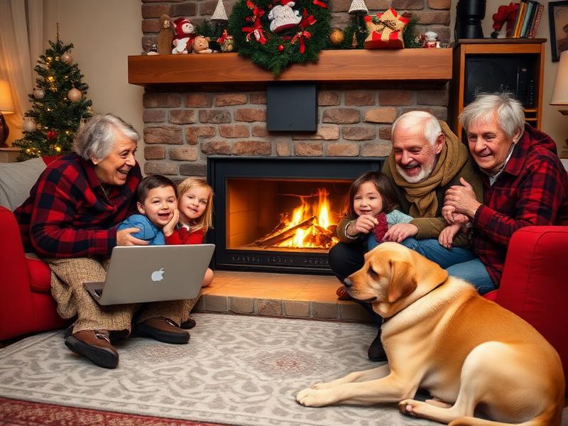 Grandparents and grandchildren around a cozy fireplace with a Labrador, video calling family.