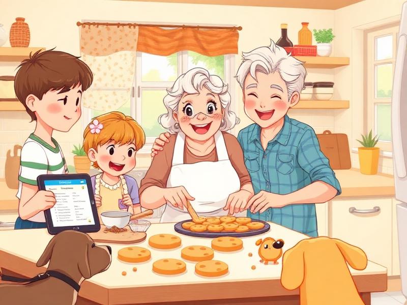 Grandmother baking cookies with grandchildren while following a recipe on a tablet.