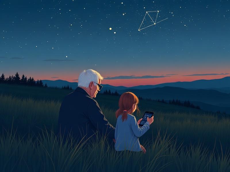 Grandfather and granddaughter identifying constellations at twilight with a tablet.