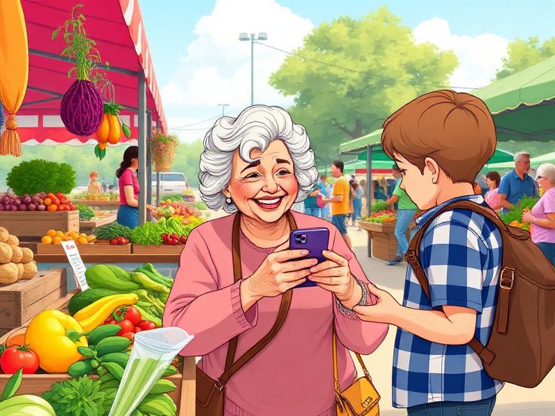 Grandmother at a farmers market with grandson helping her use mobile payment.
