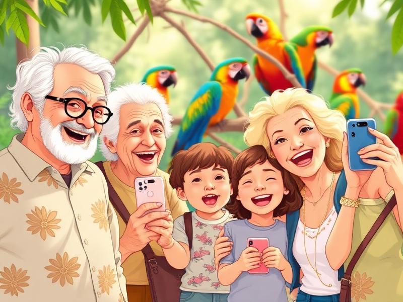 Family at the zoo with colorful parrots, everyone taking photos together.
