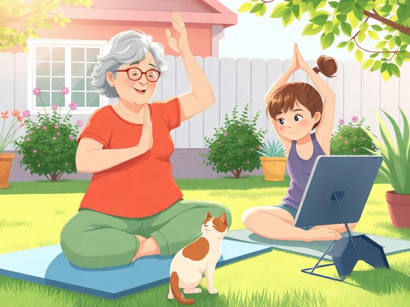 Grandmother and granddaughter doing yoga together with a curious cat nearby.