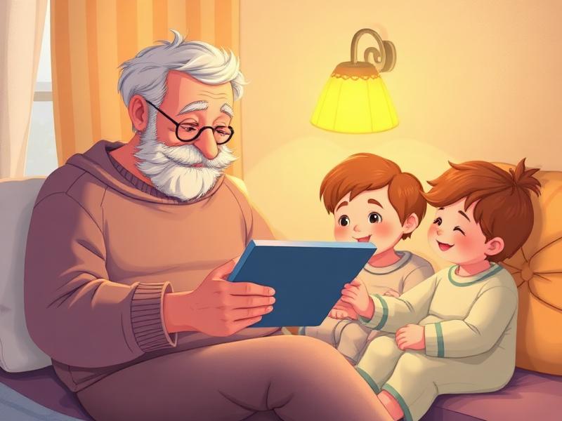 Grandfather reading a bedtime story on a tablet to grandchildren in cozy pajamas.