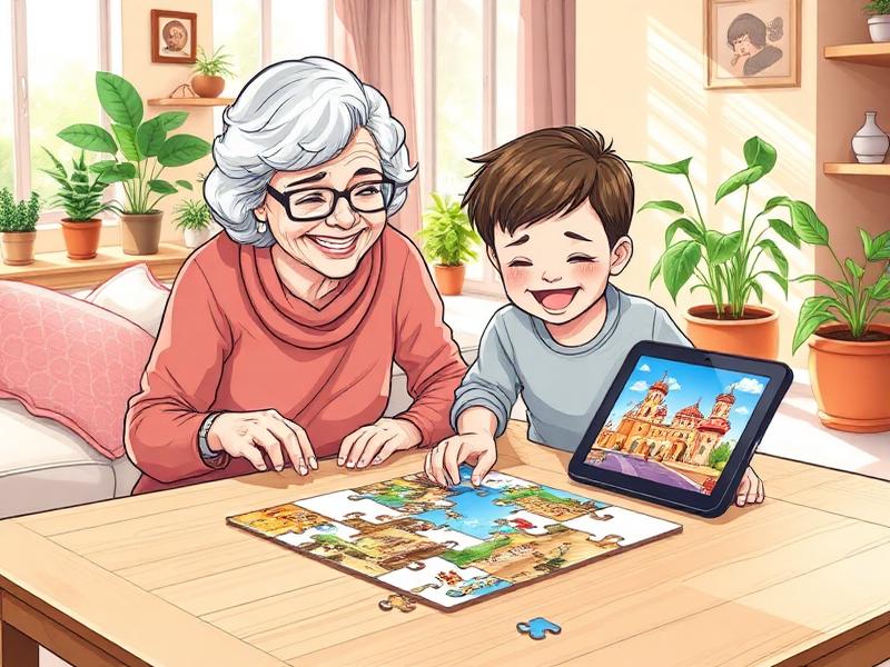 Grandmother and grandson doing a puzzle together with a tablet showing the picture.
