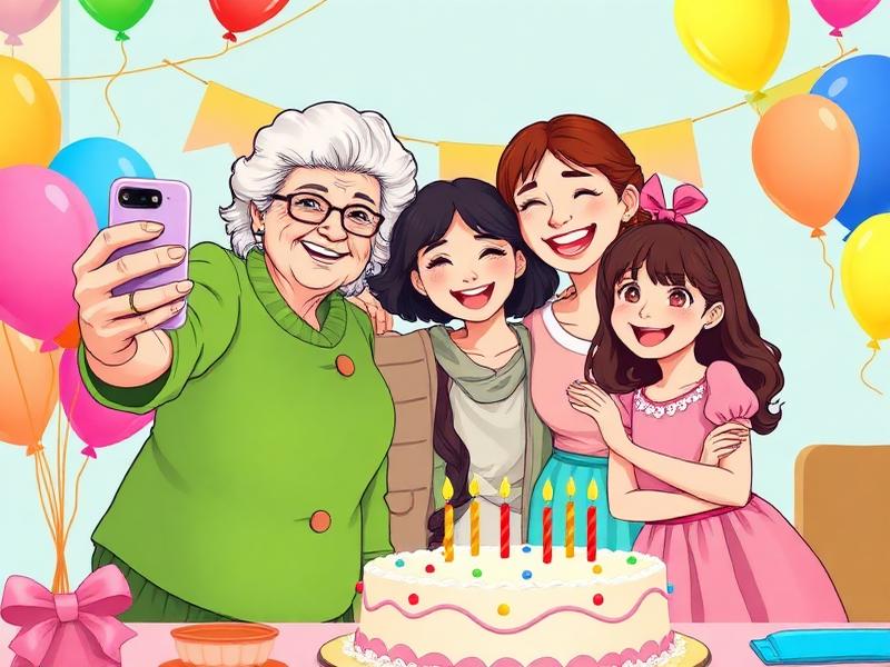Four generations taking a group selfie at a colorful birthday party.