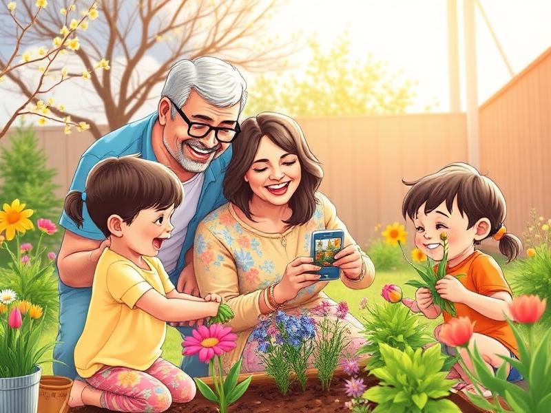 Multi-generational family gardening together, sharing photos of flowers.