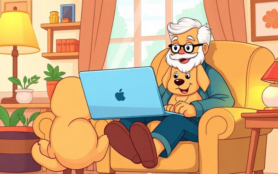 Grandpa and his golden retriever buddy browsing on a laptop together.
