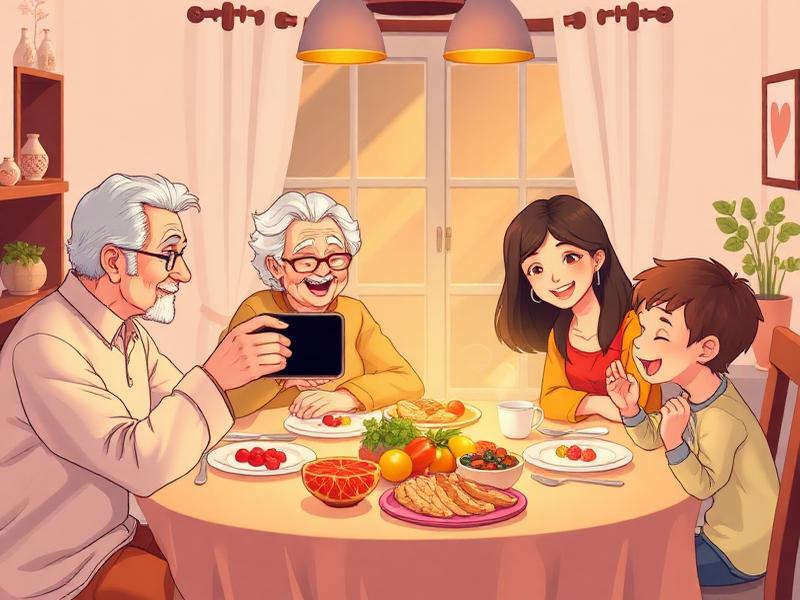 Three generations gathered around the dining table, sharing a meal and memories.