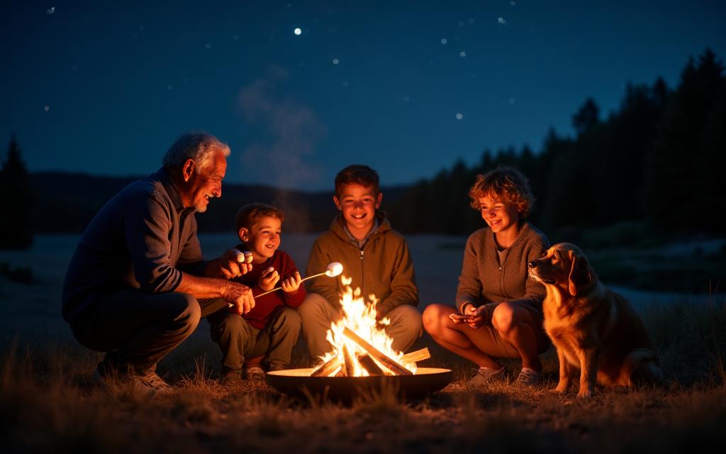 Family roasting marshmallows by the campfire under the stars with their loyal dog.