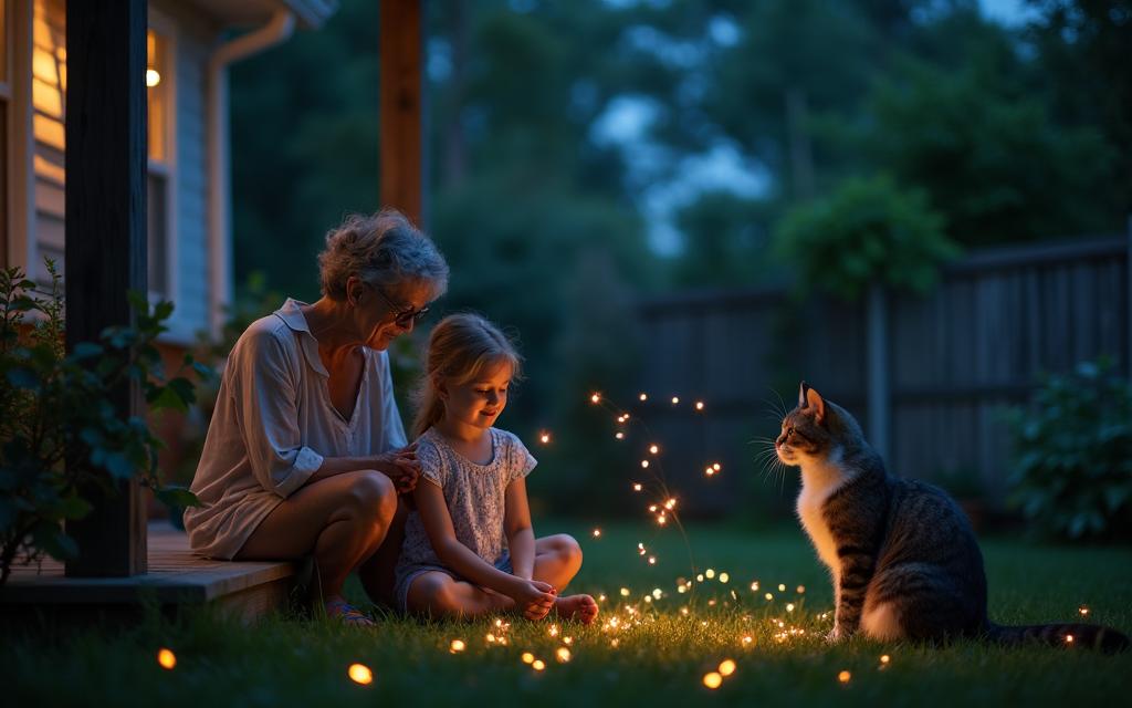Grandmother and granddaughter watching fireflies in the garden at dusk with a curious cat.