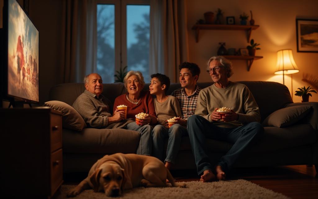 Multi-generational family enjoying movie night with popcorn and their sleeping Labrador.