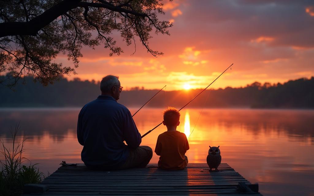 Grandfather and grandson fishing on the dock at sunset with an owl watching nearby.