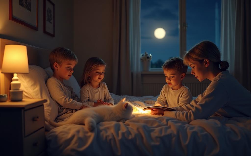Mother reading bedtime stories to children by lamplight with a white cat curled up on the bed.