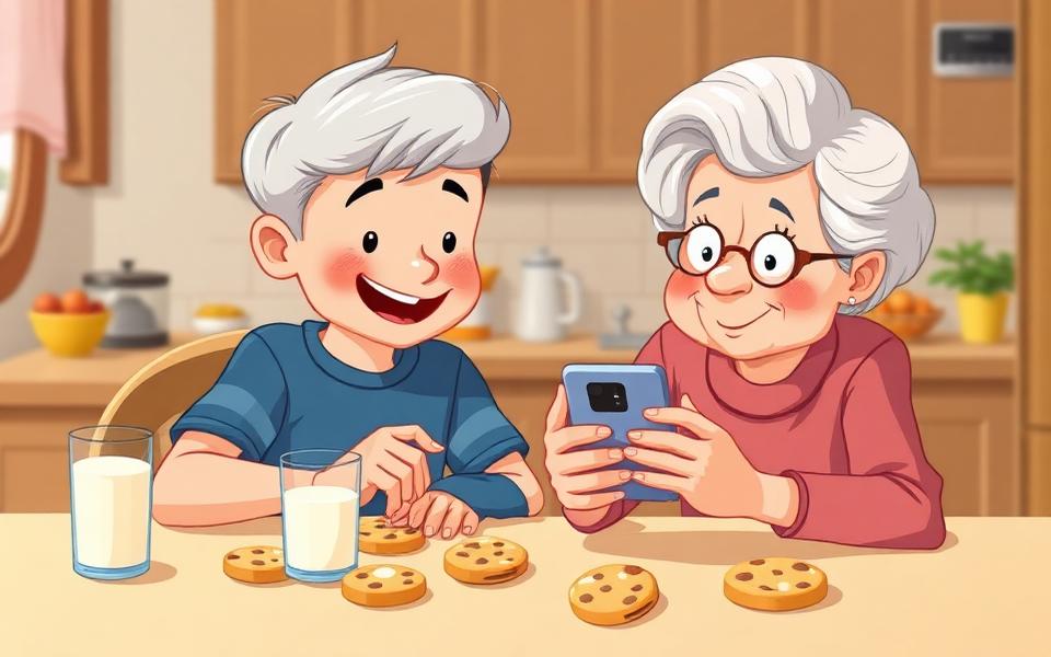 Young boy teaching grandmother to use a smartphone over cookies and milk.