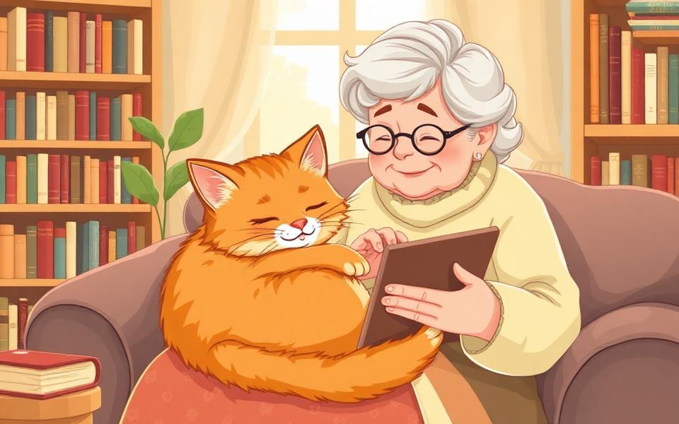 Peaceful grandma reading from a tablet with a fluffy orange cat by her side.