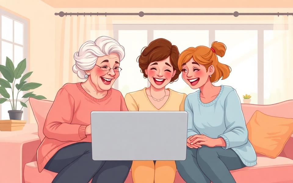 Grandmother, mother, and daughter laughing together around a laptop.