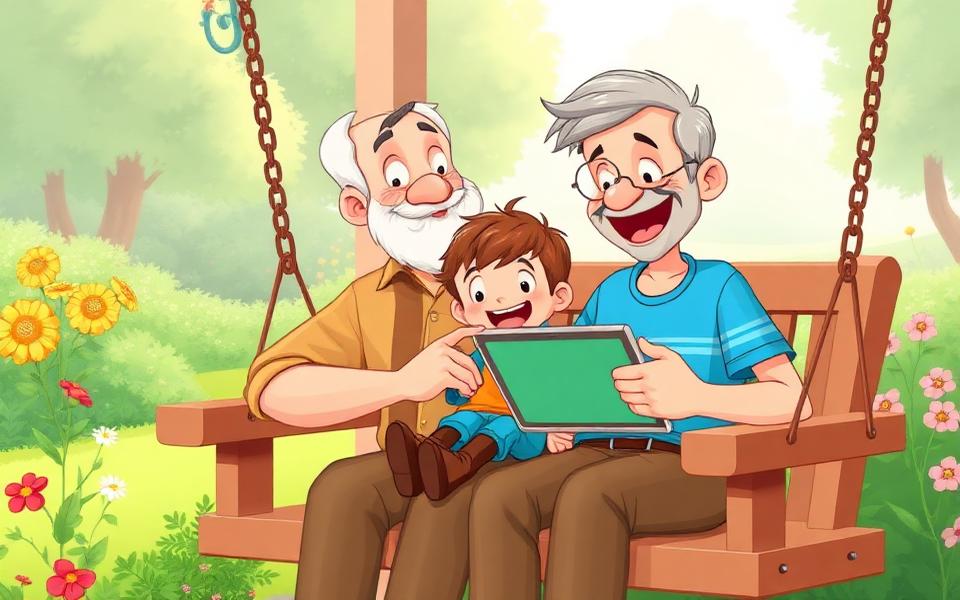 Grandfather and grandson playing games on a tablet on a porch swing.