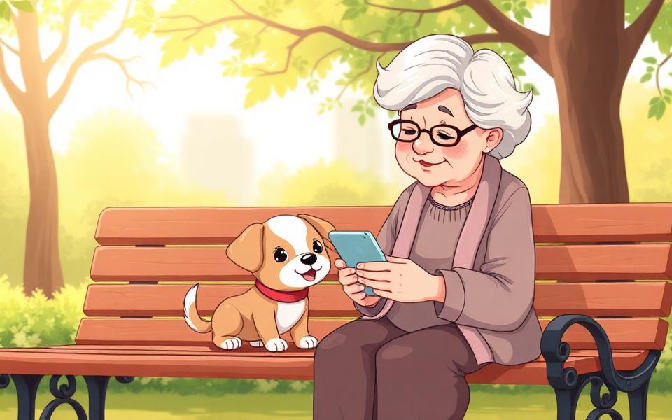Grandma and her puppy enjoying a sunny day at the park with her phone.
