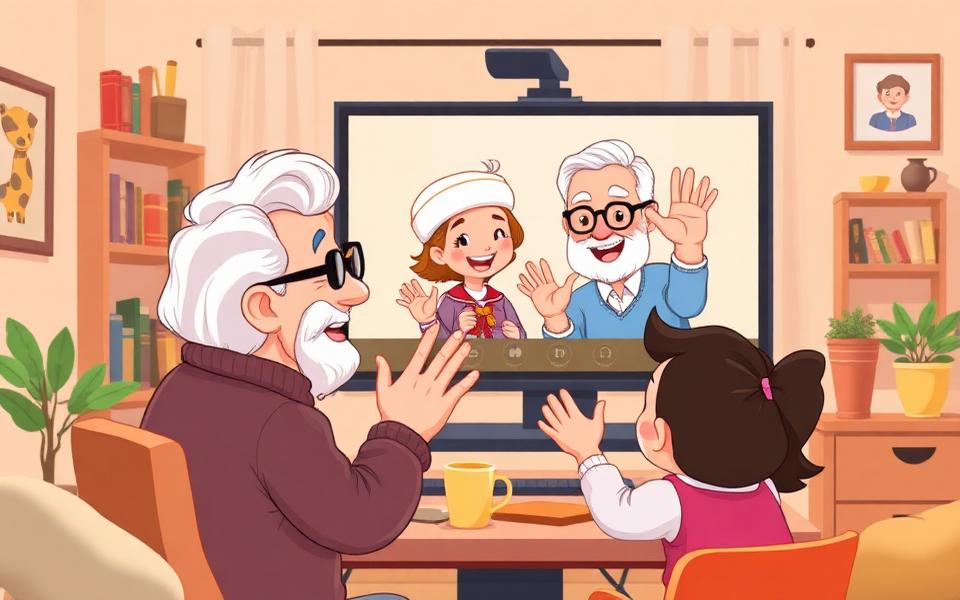 Grandparents and grandchildren waving during a happy video call.