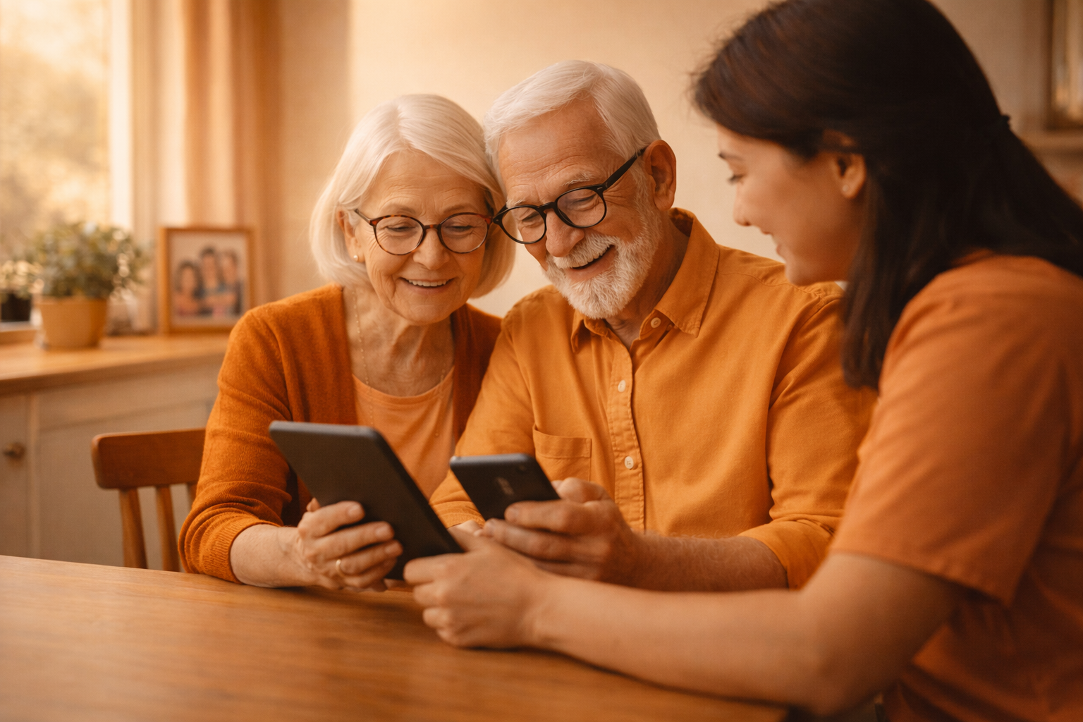 Multi-generational family happily using tablets and smartphones together